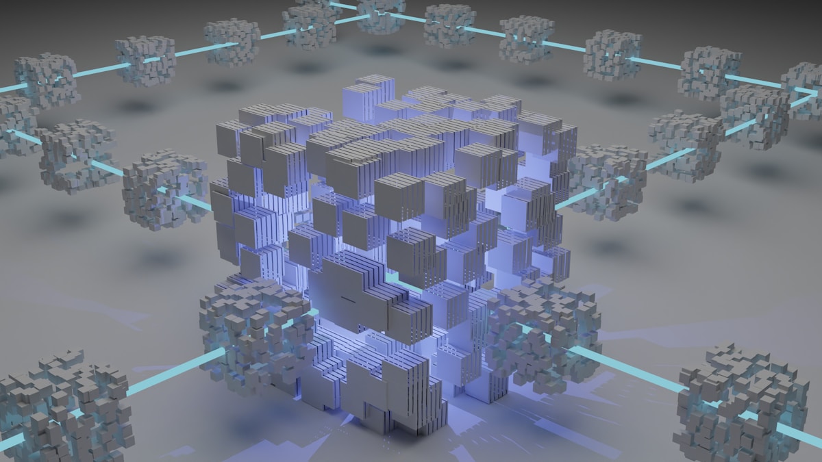 Abstract 3D cubes representing HDI and AI chip architecture